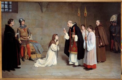 百年战争：“圣女贞德的最后圣餐（1412-1431）”查尔斯·亨利·米歇尔（Charles Henri Michel，1817-1905）的绘画，1899年。周日。 0,73x0,6 m 鲁昂，美术博物馆 - 百年战争：“”圣女贞德（1412-1431）的最后圣餐“”。 查尔的绘画 作者 查尔斯·亨利·米歇尔