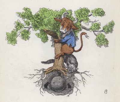 躲在一只猫上方的一棵树上，一只正在捕食奶酪的老鼠（彩色雕刻） 作者 查尔斯·亨利（后）贝内特