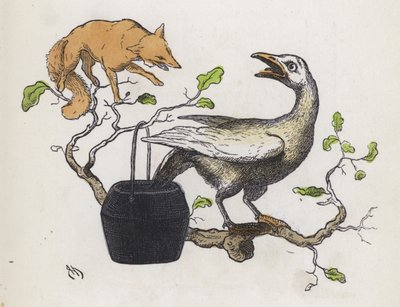 Fox and a goose with its tail in a pot of glue (coloured engraving) 作者 查尔斯·亨利（后）贝内特