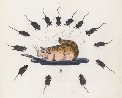 Gluttonous cat on a plate surrounded by hungry mice (coloured engraving) 作者 查尔斯·亨利（后）贝内特