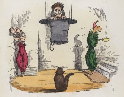 Man hanging from the ceiling in his hat because he is afraid of a cat (coloured engraving) 作者 查尔斯·亨利（后）贝内特