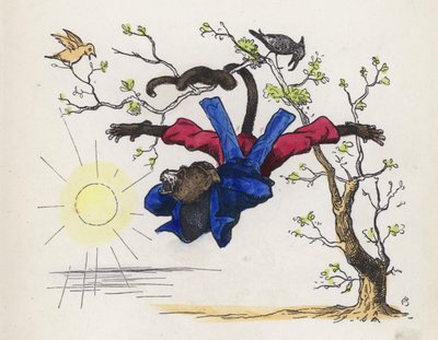 猴子用尾巴吊在树上（彩色雕刻）。 作者 查尔斯·亨利（后）贝内特