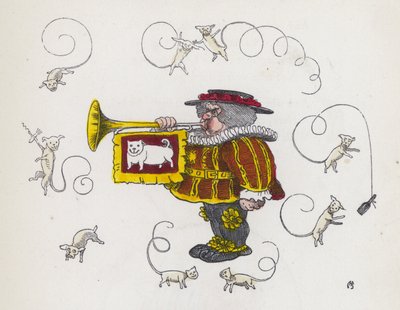 吹喇叭的城里人，被卷尾狗包围（彩色版画） 作者 查尔斯·亨利（后）贝内特