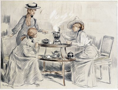 女士们围着一个小茶炊喝茶——亨利·坦雷 (Henri Tenré) 的画作，约。 1910年 作者 查尔斯·亨利·坦雷