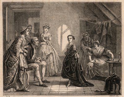 克莱隆小姐的童年：年轻的克莱尔-约瑟夫（Claire Josephe）-勒里斯（1723-1803）朗诵着她刚看过的戏剧的诗句。她以 "克莱昂小姐 "或 "克莱昂 "的名字成为一名喜剧演员。1862年的雕版画，来自于绘画作品。 作者 查尔斯·豪斯（Charles Housez）