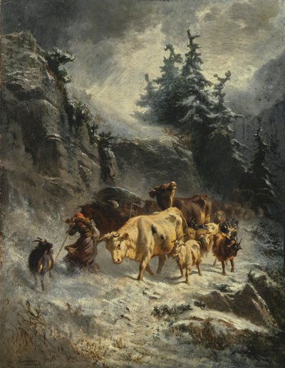 法语: Troupeau dans une tempête de neige 暴风雪中的牛群 作者 查尔斯·洪伯特