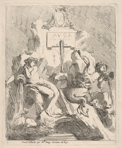 喷泉的设计，左边是一个坐着的仙女，特里顿嘴里叼着一个贝壳...，1768年。 作者 查尔斯·胡廷