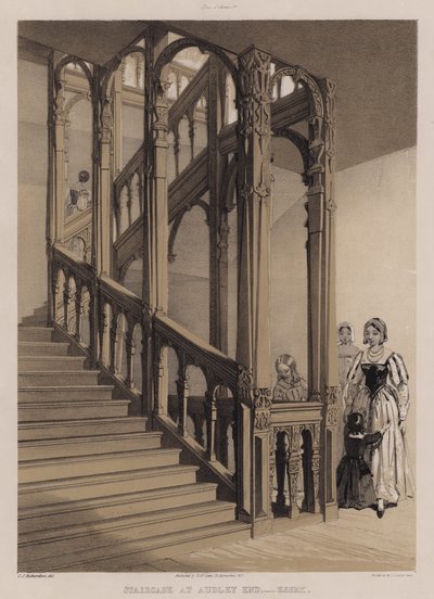 埃塞克斯 Audley End 的楼梯（彩色石版画） 作者 查尔斯·詹姆斯·理查森
