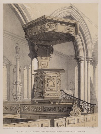 The pulpit, All Hallows Barking Church, Tower Street, London (colour litho) 作者 查尔斯·詹姆斯·理查森