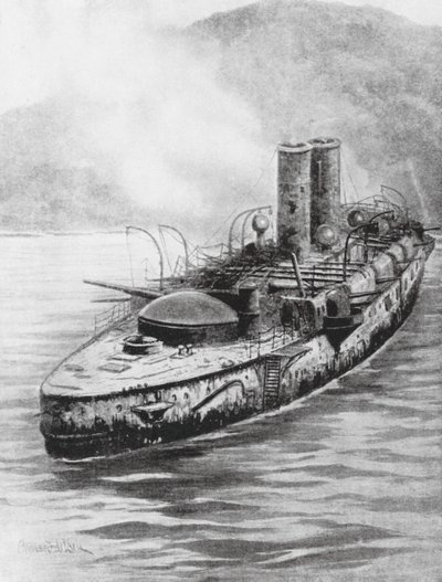 1898 年海上交战后的西班牙装甲巡洋舰 Oquendo 号（石版画） 作者 查尔斯·约翰·德（后）拉西