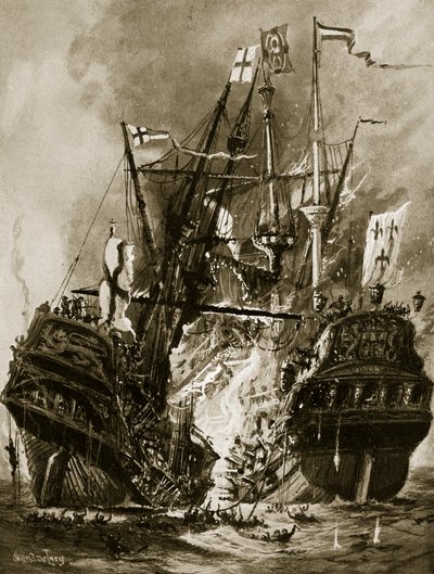 1512年“摄政王”的燃烧，来自“哈钦森的英国民族故事”，c.1923 作者 查尔斯·约翰·德·莱西