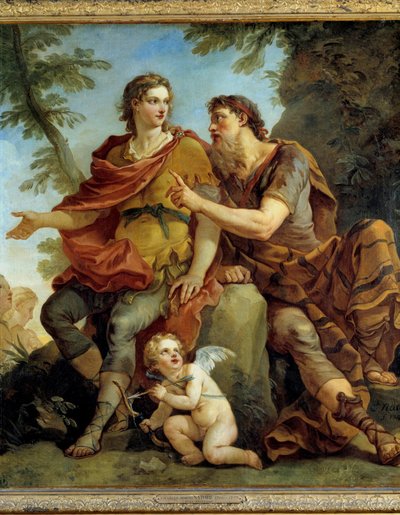 Telemaque 的历史 ““Telemaque 听从导师的建议””。 查尔斯·约瑟夫·纳图尔 (Charles-Joseph Natoire) 的绘画 作者 查尔斯·约瑟夫·纳托尔