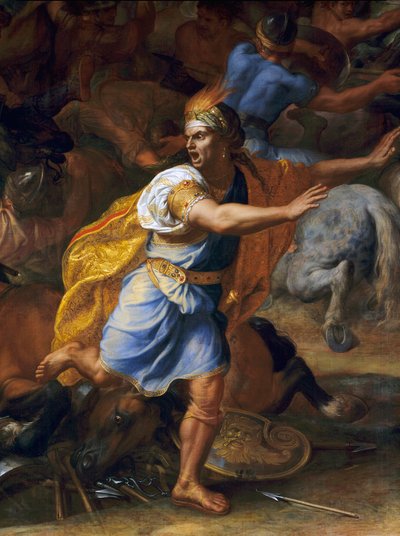一个害怕的人。 Arbels 战役的细节（古代）。 查尔斯·勒布伦 (Le Brun) 的绘画 (1619-1690) 作者 查尔斯·勒布朗