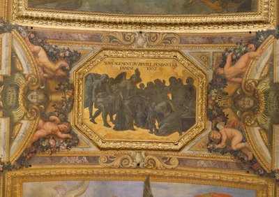 1662年饥荒期间帮助人民，Galerie des Glaces的天花板画 作者 查尔斯·勒布朗