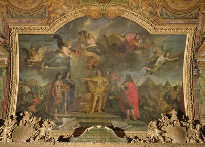 国王路易十四（1638-1715）给予命令同时攻击1672年四个最强的荷兰位置，Galerie des Glaces的天花板画 作者 查尔斯·勒布朗