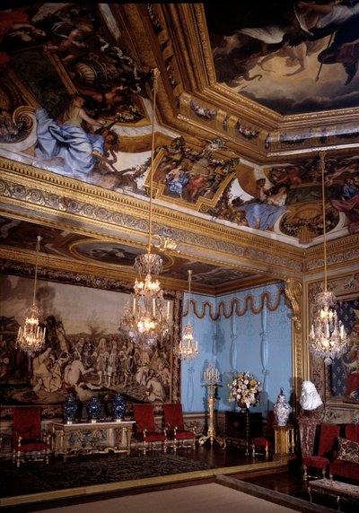 缪斯沙龙，Vaux Le Visomte (Vaux-Le-Vicomte) 城堡。 查尔斯·勒布伦 (Le Brun) 的装饰 (1619-1690) 作者 查尔斯·勒布朗