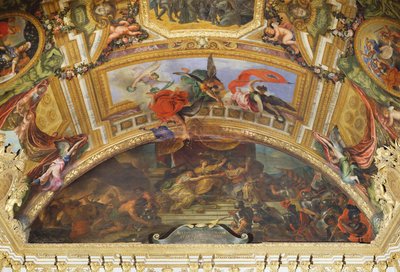 德国和西班牙联盟与荷兰，1672年，Galerie des Glaces的天花板画 作者 查尔斯·勒布朗