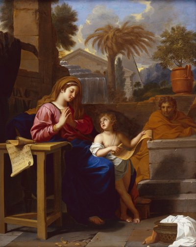 埃及的神圣家庭和阅读希伯来文字的婴儿基督（布面油画） 作者 Charles Le Brun