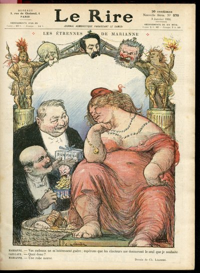 Charles Leandre (1862-1934) 为 Le Rire 封面插图，03/01/14 - Les strennes de Marianne - Tribun - Clemenceau George, Jaures Jean, Briand Aristide, Marianne, Caillaux Joseph (1863-1944) 作者 查尔斯·莱安德烈