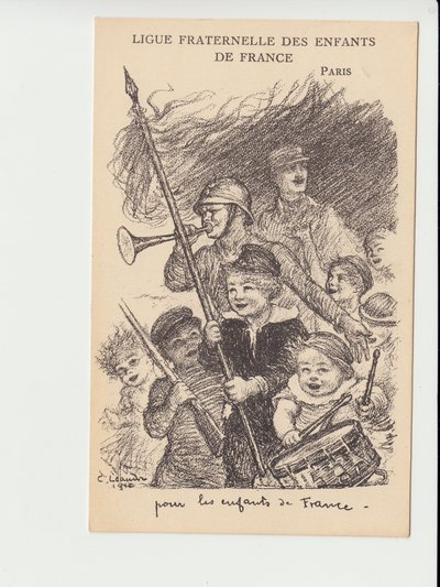 Postcard, Satirique en N & B: Ligue fraternelle des enfants de France - War of 14 -18, Music, Childhood, Ligue fraternelle des enfants de France - Soldiers Illustration by Charles Leandre (1862-1934) 作者 查尔斯·莱安德烈