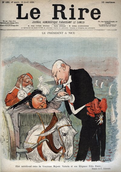 总统在尼斯--法国总统费利克斯-福尔在尼斯会见维多利亚女王--1898年4月23日 "Le Rire "杂志上查尔斯-莱昂德（1862-1934）的漫画。 作者 查尔斯·莱安德烈