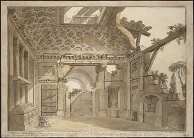 为罗马 Santissima Trinita dei Monti 修道院 Lesueur 神父的牢房中的画作设计 - Charles Louis Clerisseau (1722-1820)。 钢笔，毛笔，灰色和棕色墨水，纸本白色，约 1760 年。尺寸：36,9x53 厘米。 国家冬宫， 作者 查尔斯·路易斯·克莱里索