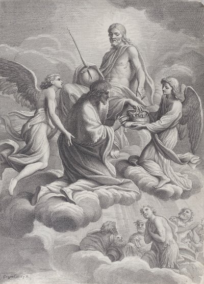 法国的圣路易被基督和两位天使接进天堂，他们向他提供了C...，1671-80。 作者 查尔斯·路易斯·西蒙诺