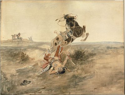 倒下的印第安勇士》，约 1886 年（水彩和石墨，奶油色梭纹纸） 作者 查尔斯·马里恩·拉塞尔