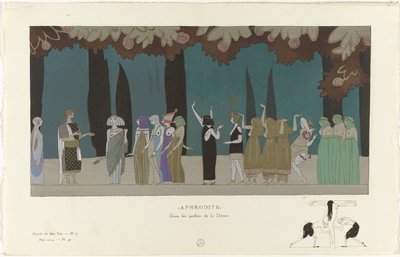 Gazette du Bon Ton，1914 年 - 第 5 期， Pl. 43: Aphrodite / In the gardens of the Goddess（标题在实物上） 作者 保罗·波雷特