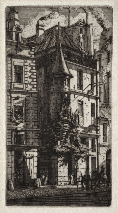 巴黎的蚀刻画：带塔楼的房子，织布工街，1852年。 作者 查尔斯·梅里昂