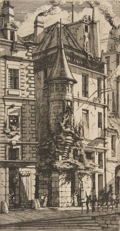 带塔楼的房子，Tixéranderie街，巴黎，1852年。 作者 查尔斯·梅里昂