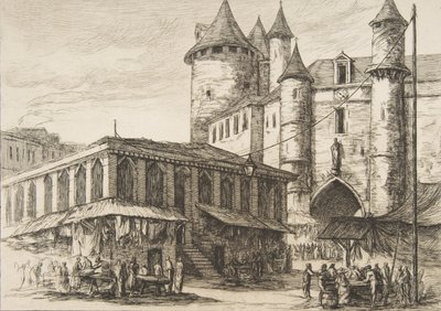 Le Grand Châtelet大城堡，巴黎，约1780年，根据早期的画作，1861年。 作者 查尔斯·梅里昂
