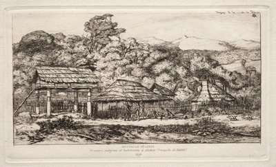 班克斯半岛阿卡罗阿的土著谷仓和小屋，1845 年 作者 查尔斯·梅里昂