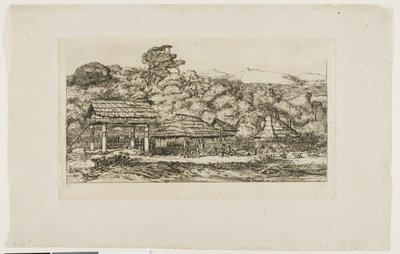班克斯半岛阿卡罗阿的土著谷仓和小屋，1845 年 作者 查尔斯·梅里昂