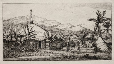 新喀里多尼亚：  巴拉德到普埃博路上的大型土著小屋，1845 年 作者 查尔斯·梅里昂