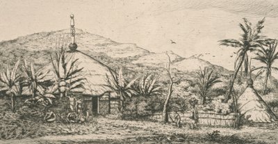 新喀里多尼亚（NouvelleCalédonie）：坡坡民谣路径上的大型本地小屋，插图取自《太平洋蚀刻》，1863年 作者 查尔斯·梅里昂