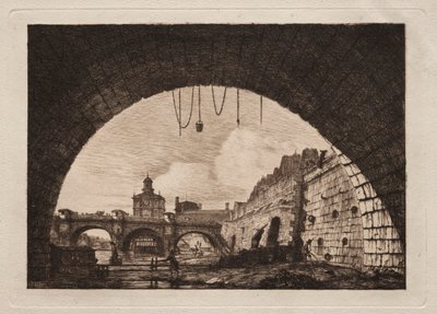 从第一拱门下看到的新桥和Samaritaine ...，1855年。 作者 查尔斯·梅里昂
