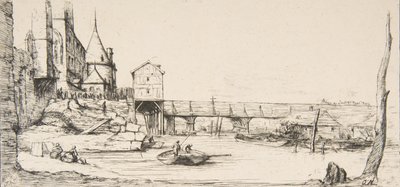 在1621年的火灾之后，临时取代巴黎的Pont-au-Change的人行桥，在1860年。 作者 查尔斯·梅里昂