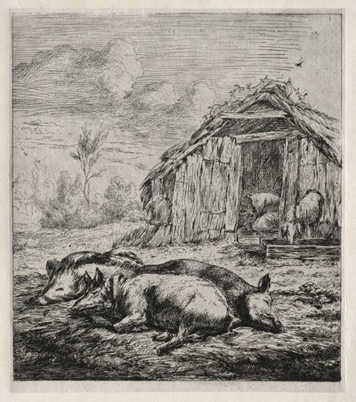 三只猪躺在猪圈前，1850年。 作者 查尔斯·梅里昂