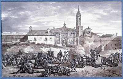 Campaigns of Italy: “” Napoleon Bonaparte (1769-1821) and marechal Augereau set a door of Verona in Italy with a cannon in 1796””” Drawing in the pen attributed to Charles Meynier (1768-1832). Dim. 0,25x0,4 m. Paris, Louvre Museum 作者 查尔斯梅尼尔