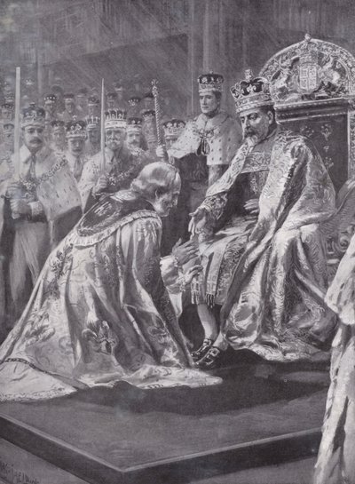 1902年伦敦威斯敏斯特大教堂爱德华七世加冕仪式上坎特伯雷大主教的敬意 作者 谢尔登之后的查尔斯·米尔斯