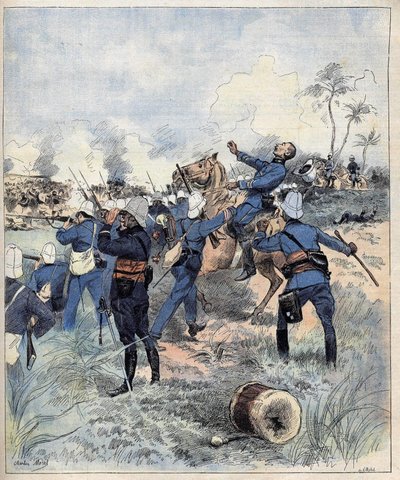 1892年9月19日，在达荷美（现在的贝宁）的莫雷尔水战后，指挥官法拉克斯在多格巴战役中死亡。 作者 查尔斯·莫雷尔