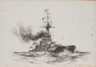 英国 "铁公爵 "号军舰。图画（25.5x36.8 厘米），作者 Charles M. Padday（？ 作者 查尔斯·默里·帕迪