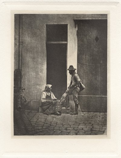 Planche IV - Pifferaro Debout et Paysanne Italienne Assise, dans la Cour du 21 Quai Bourbon（第四幅画--站立的皮费拉罗和坐着的意大利农民，波旁二十一号庭院），1854 年，1982 年印刷（照片） 作者 查尔斯·内格雷
