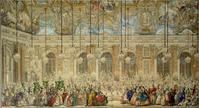 1745 年 2 月在凡尔赛宫的 Glace 画廊为法国的路易·多芬（1729-1765）与西班牙的玛丽·特蕾莎（Marie-Therese）的婚礼提供的球面具或球 查尔斯·尼古拉斯·科钦勒用钢笔和墨水绘画 青年 (1715-1790) 作者 查尔斯·尼古拉斯二世·科钦