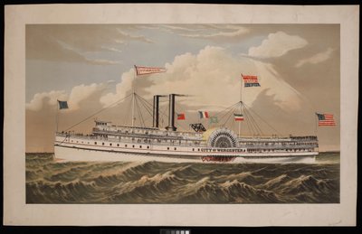 美国桨式蒸汽船 City of Worcester Norwich Line 号途经新伦敦和诺维奇驶往波士顿（石版画，彩色） 作者 查尔斯·帕森斯