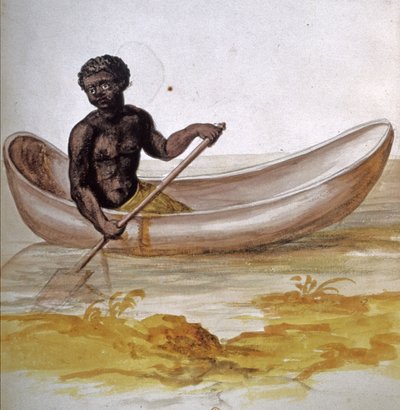 加勒比海独木舟上的年轻黑人，约 1686 年（水彩画） 作者 查尔斯·普鲁米耶