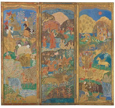 三扇屏风，约 1916-17 年（石膏粉木板上的油彩和金箔） 作者 查尔斯·普伦德加斯特