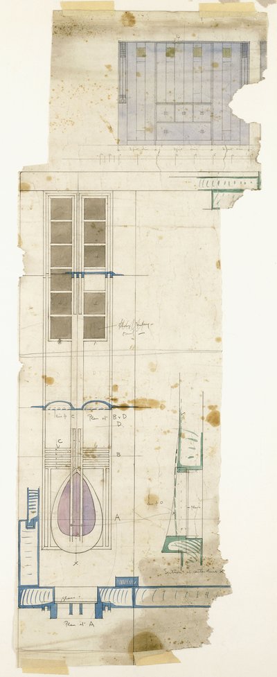 衣柜的设计，以正视图显示，带有装饰面板的一半全尺寸细节，1904年 作者 查尔斯·雷尼·麦金托什
