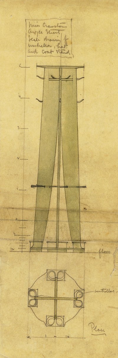 雨伞，帽子和衣帽架的设计，以正视图和平面图显示，c.1898-1899（铅笔，水彩画，油描图纸） 作者 查尔斯·雷尼·麦金托什